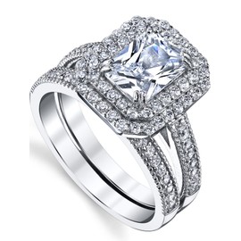 2 Carat Emerald Cut Sterling Silver and Cubic Zirconia Wedding Ring Engagement Band, Bridal Set SZ 8