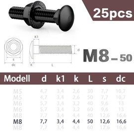 SWTYExt Pack of 25 Carriage Bolts M8 x 50 mm Carriage Bolts Stainless Steel 304 Flat Head Screws Black Oxide A2 with Flange Nuts M8 Nut DIN 6923 Gate Hinge Screws for Construction Industrial Machinery