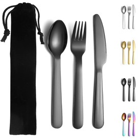 Evanda 3 Piece Portable Silverware Set, Include Knife Fork Spoon, Black Titanium Plating Camping Cutlery Set With Black Bag, For Home Kitchen Camping Travel, Dishwasher Safe
