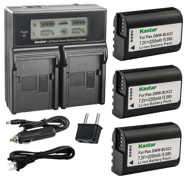 Kastar 3-Pack DMW-BLK22 Battery and AC LCD Dual Fast Charger