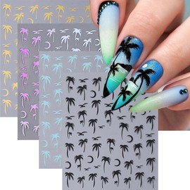 ONPRESS 4 Sheet Coconut Tree Nail Art Stickers Summer Seagull Design Nails Decals 3D Moon Nails Sticker Supplies Self Adhesive Tropical Style Plant Nail Decals for Women DIY Acrylic Nails Accessories