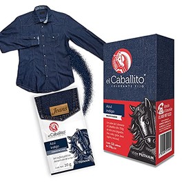 el Caballito Jeans, el único Colorante en Polvo para ropa color Azul índigo ¡Revive y cambia el color de tu prenda favorita! Cajilla con 12 sobres de 20g c/u