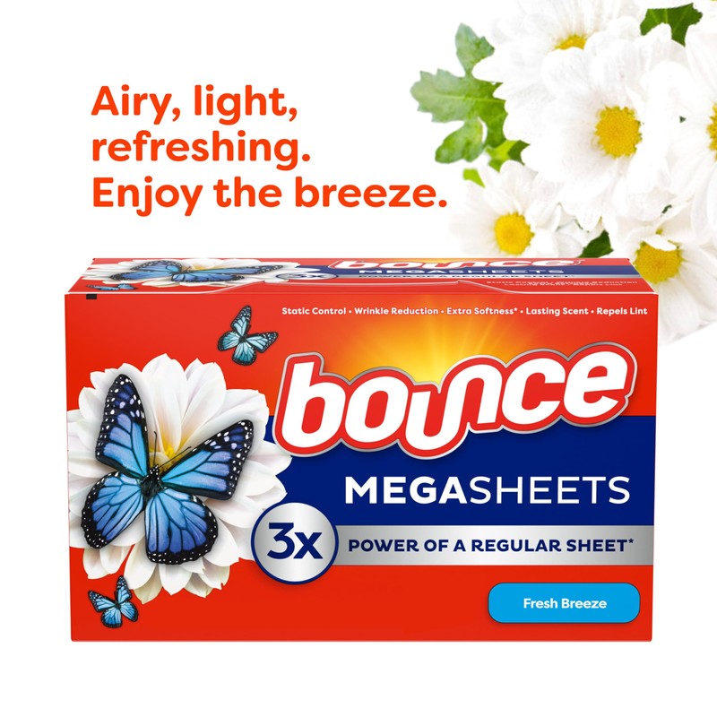 Bounce Mega Dryer Sheets, Fresh Breeze, 130 Count, Mega Fabric