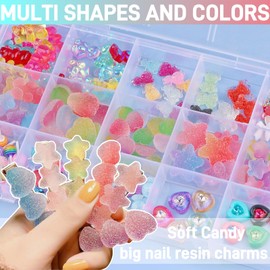 editTime Sweet Cute Kawaii Colorful Resin Acrylic 3D Gummy Candy Bear Heart Love Star Big Nail Charms with Nail Charm Glue and Pickup Tools for Nail DIY Craft Accessories (C3-15 Grid with glue)