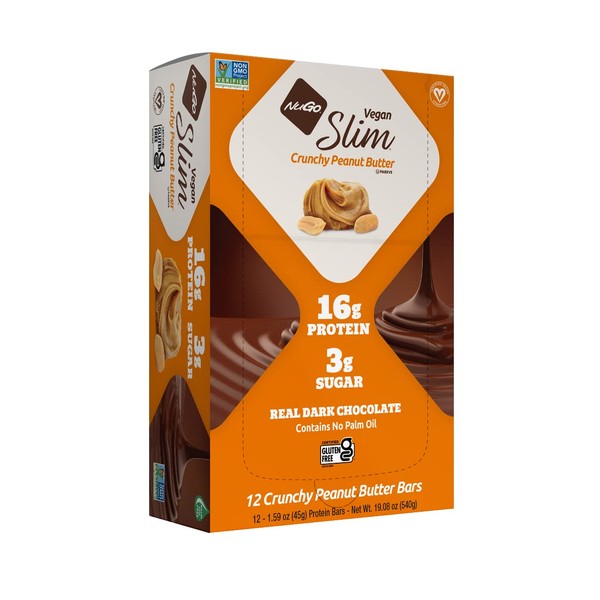 NuGo Slim Dark Chocolate Crunchy Peanut Butter, 17g Vegan Protein, 3g Sugar, 7g Fiber, 180 Calories, Low Net Carbs, Gluten Free, 12 Count