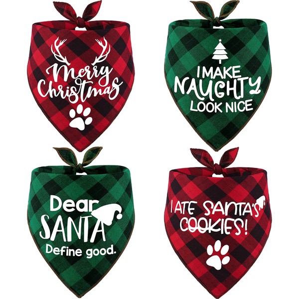 4 Pack Merry Christmas Dog Bandanas - Classic Triangle Fall Xmas Christmas Printing dogs Red Plaid Scarf Bibs Kerchief Gifts Set - Pet Holiday Accessories Decoration for Small to Large Puppy Dogs Cats