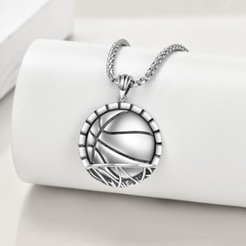 YFN Sport Necklace Sterling Silver Never Give Up I Can Do All Things Pendant Jewellery Sport Gifts for Women Men Boys Girls (Basketball)