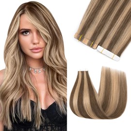 Silk-co 20 Pcs 16" Tape in Human Hair Extensions 100% Remy Real Human Hair Skin Weft Seamless With Glue 30g/Set #4P27 Medium Brown&Dark Blonde