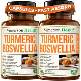 Turmeric Curcumin Supplement with Boswellia Serrata, Ginger Root, Organic Turmeric Powder & Black Pepper - 95% Curcuminoids Turmeric Supplement - Gluten Free Tumeric Boswellia Extract Capsules 2-Pack