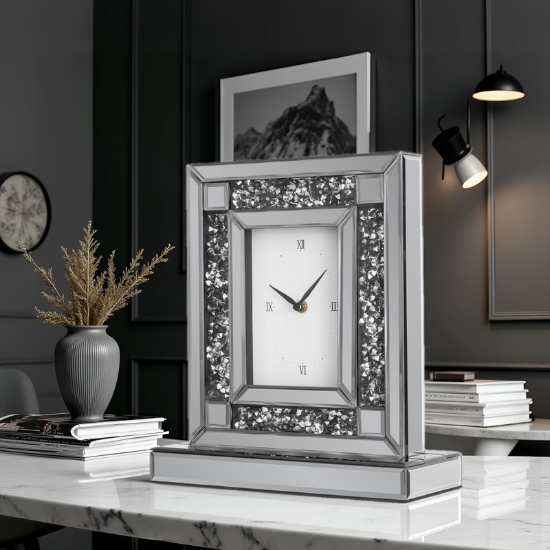 SHYFOY Luxury Crystal-Embedded Mirrored Table Clock, Elegant Decorative Clock with