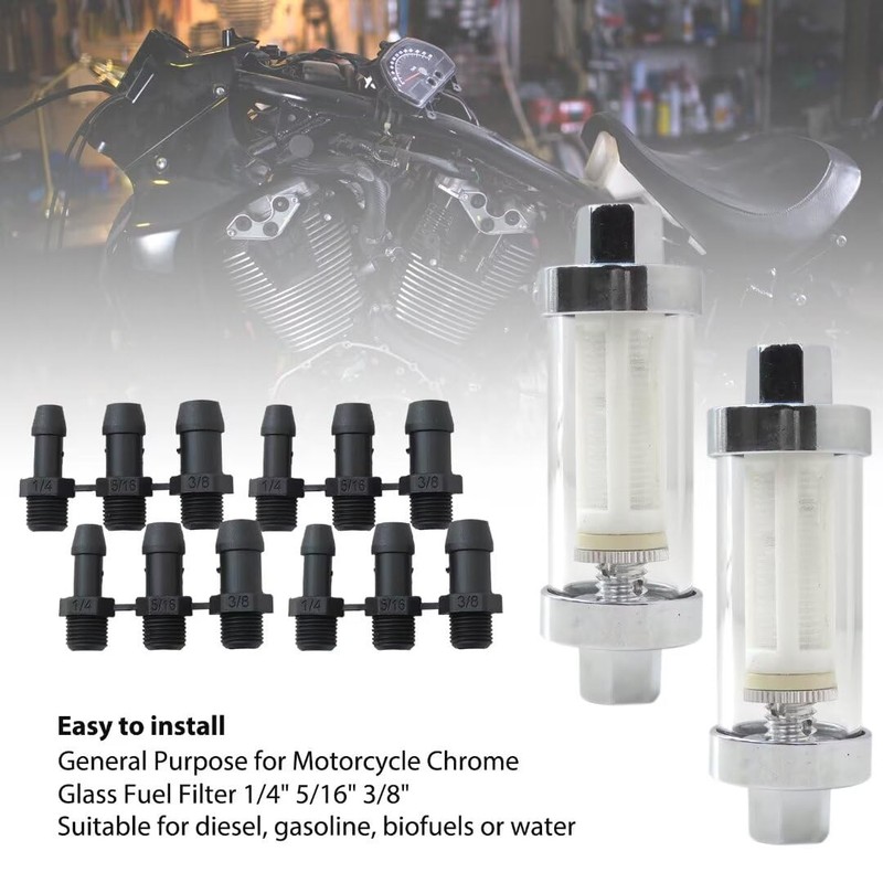 Reusable 1/4" 5/16" 3/8" Chrome Glass Inline Fuel Filter Replacement