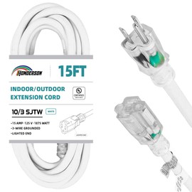 HONDERSON Indoor Outdoor Extension Cord Weatherproof with Lighted End, UL Listed, 10 Gauge 15FT White 3 Prong Heavy Duty, 10/3 SJTW 15A Power Cord for Outdoor Lights, Lawn