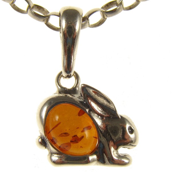 Baltic amber and sterling silver 925 cognac rabbit animal pendant