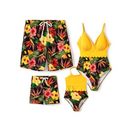 PATPAT Family Matching Swimsuits One Piece Bathing Suits Tropical Flower Print Adjustable Straps Swimwear and Swim Trunks Yellow Toddler Boy 4-5 Years