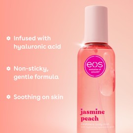 eos Cashmere Body Mist, Jasmine Peach, Body Spray for Women, Hair Mist, Floral Perfume, Moisturizing, Hyaluronic Acid, Glycerin, Vegan, Cruelty-free, 6 fl oz