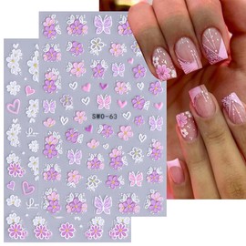 2 Sheets Colorful Flower Butterfly Nail Stickers for Nail Art 5D Embossed Nail Decals Spring Summer Cute Floral Nail Decoration for Women Butterfly Charms Design Nail Supplies