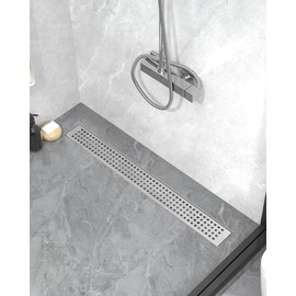 HTOH Shower Drain Offset for Bathroom: 24-Inch Brushed Nickel Linear Shower Drain with Removable Grate - 304 Stainless Steel Rectangle Shower Floor Drain Side Outlet with Hair Catcher, Adjustable Feet