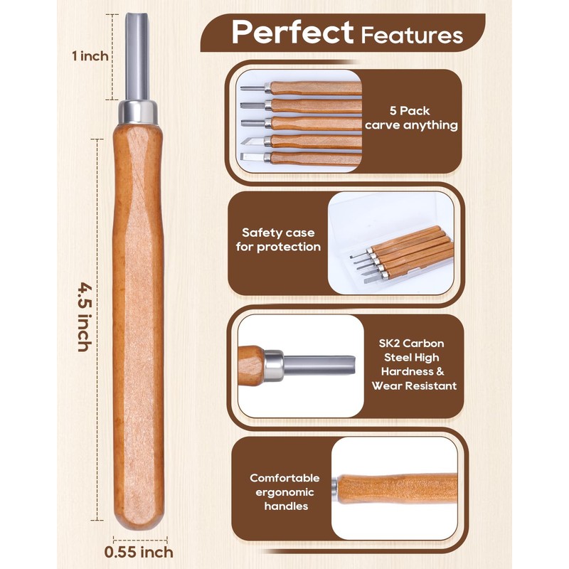UCEC 5 Pack Linocut Wood Carving Tools Set Linoleum Hand