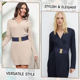 MESU Women Wide Strechy Waist Belt Elastic Waistband for Dresses Navy Band Gold Buckle 70CM