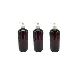 3 Pack 32 oz - Amber Boston Plastic Bottles - White Pump- for Essential Oils, Perfumes, Cleaning Products - Made in the USA - by Natural Farms