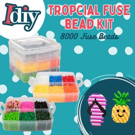 8,000 pc DIY Complete Fuse Bead Kit w Carrying Case -Fun Summer Kids Party- 16 Colors, 11 Unique Templates, 4 Peg Boards, Tweezers- Art Craft Project, Kids Birthday Party, Summer Camp