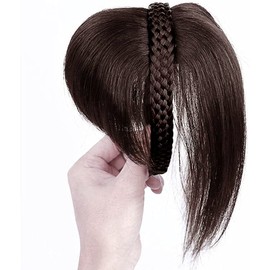 10" Women Human Hair Braided Headband Hair Piece Clip in Hairband Braids Human Hair Extensions Twist Braid Human Hair Topper with Bangs Dark Brown