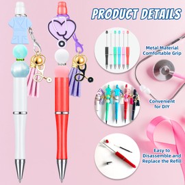 108 Pcs Plastic Beadable Nurse Pens Bulk with 60 Pcs Colorful Beads Assorted Black Ink Beaded Pen for DIY Making Kit Smooth Writing Ballpoint Pens for Women Kids Students Office School
