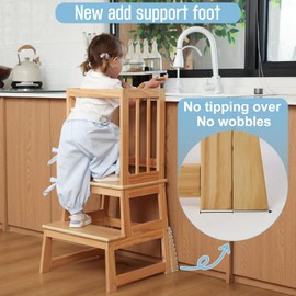 Kids Kitchen Step Stool, Ideal Toddler Learning Standing Tower, 2025 New Upgrade with an Anti-tip Structure and Anti-Drop Safety Bar, More Stable and Safer - Natural