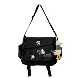 Aesthetic Crossbody Bag with Pins & Cute Accessory Kawaii Japanese Nylon Shoulder Messenger Bag for Women Men (black)