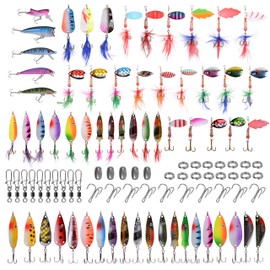 Fishing Lures Kit Spinners Swimbait Crankbait Minnow Roostertail Spoons Lures with Treble Hooks Swivels Sinkers Rings for Trout Salmon Walleye, 100pcs Fishing Lures Tackle Kit