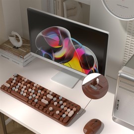MPTOG Colorful Wireless Computer Keyboard and Mouse Combo with Round Typewriter Keycaps, Retro Design, Power Switch, Ergonomic Design, 2.4GHz Wireless for Windows, Mac, PC(Coffee-Colorful)