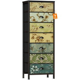 Furnulem Tall Dresser for Bedroom with 7 Fabric Drawers, Vintage Dressers & Chest of Drawers, Vertical Storage Tower Organizer Unit Retro Bedside Furniture in Closet,Living Room,Nusery,Dorm,Entryway