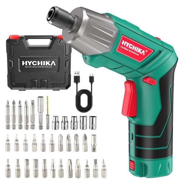 Cordless Screwdriver, HYCHIKA 4V 2.0Ah Electric Screwdriver Rechargeable Screw Gun & Bit Set, Front LED and Rear Flashlight, Ratchet Wrench, DC Charging with USB Cable, 36pcs Accessories