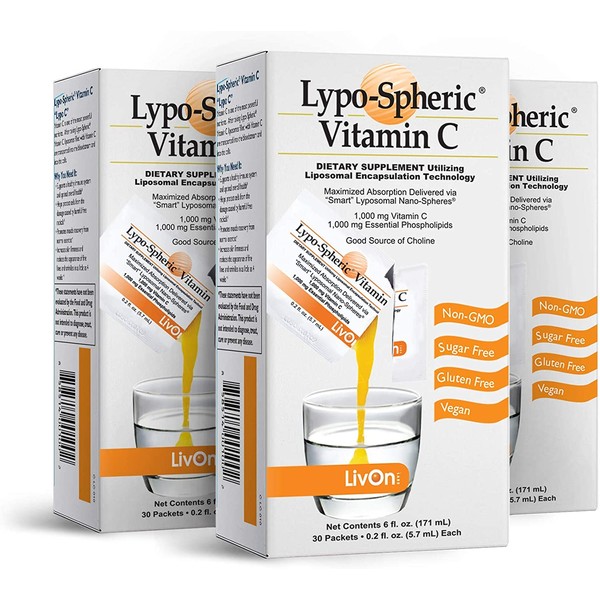 Lypo–Spheric Vitamin C – 3 Cartons (90 Packets) – 1,000 mg Vitamin C & 1,000 mg Essential Phospholipids Per Packet – Liposome Encapsulated for Improved Absorption – 100% Non–GMO