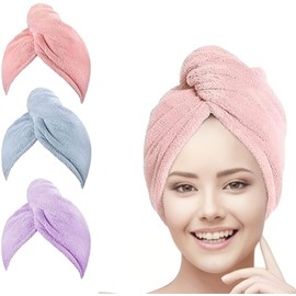 BEE VIBES Moon & Back Toalla de Microfibra para Cabello 3 Pack; Secado de Pelo Rápido; Gorro Absorbente de Agua para Mujeres; Turbante Suave de Baño con Botones (Rosa + Azul + Morado)