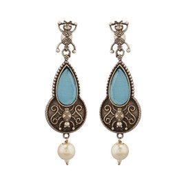 Efulgenz Indian Earrings for Women Crystal Blue Faux Pearl Drop Dangle Earrings Set Dangle Earrings Bohemian Statement Earrings Jewelry for Women, Copper, No Gemstone