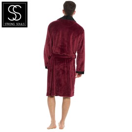 Strong Souls Mens Luxury Fleece Dressing Gown With Satin Trim Collar Dinner Jacket Evening Bath Robe Housecoat Gift for Men Burgundy M