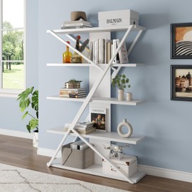 FUSUNBAO 5-Tier Wooden and Metal Frame Bookshelf,Vintage Industrial Modern Style Tall Bookcase,72 "H x 12 "W x 47" L,Rustic Large Wooden Shelf,Display Shelf for Home Office,White