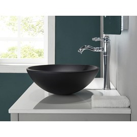 Fanwin Star Phoenix Series Round Tempered Deco Glass Vessel Bathroom Sink in Black Matt | Top Mount Sinks Above Countertop | Vanity Countertop Sink Bowl with Pop Up Drain | FW-LA630