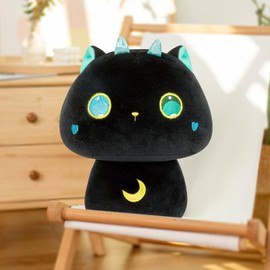Mewaii Plush Pillow Kawaii Pillow for Baby Animals Toy Mushroom Shape Comfortable Plush Pillow for Kids Ages 3+ (36cm, Black Cat with Big Eyes)