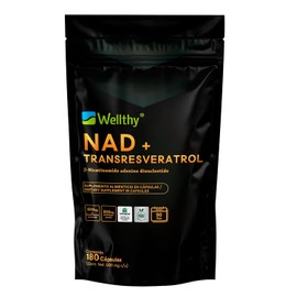 Wellthy NAD+ y Tranresveratrol 180 Caps. Nicotinamide Adenine Dinucleotide, Resveratrol de Alta Biodisponibilidad, 1000mg Por Porción, VCaps Cápsulas Veganas, Bottle Free