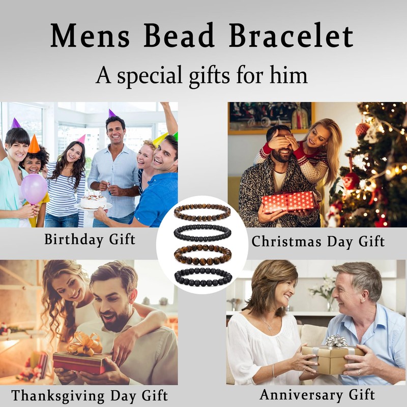 RANKEEF Mens Beaded Bracelets Lightweight 6mm/8mm Natural Stone Bracelet for