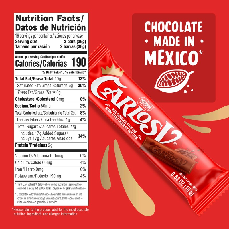 Carlos V Milk Chocolate Style Full-Size Mexican Candy Bar, Bulk