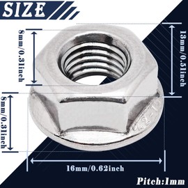M8 x 1.0mm Fine Thread 304 Stainless Steel Serrated Flange Hex Lock Nuts,Non-Slip Lock Flange Nuts(10pcs)