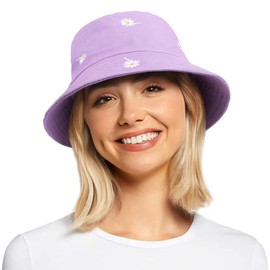Bucket Hats Women - Daisy Embroidery Bucket Hat Ladies Summer Fisherman Hat Reversible Cotton Bucket Sun Hats Foldable Double-Side Hat for Teens Girls Travel Outdoor Purple