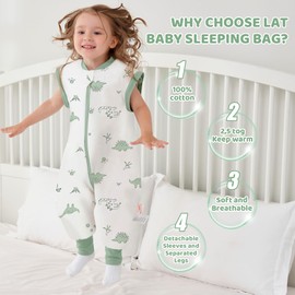 LAT Baby Sleeping Bag with Feet Removable Sleeves,2.5 TOG 100% Cotton Toddler Sleeping Bag with Legs,3-way Zipper Winter Wearable Blanket(Green Dinosaur,L)