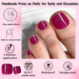 240pc Press on Toenails Women Fake Toe Nails with Glue Tabs, Maroon Red Fake Toenails Press on Nails Toe Acrylic Nail Tips Short Square False Stick Toenails Artificial Toe Nails Press ons Pedicure