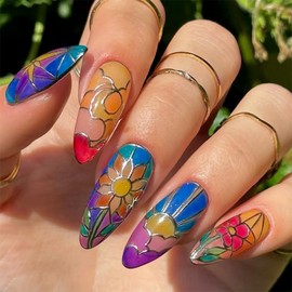 Medium Almond Press on Nails Fake Nails with Colorful Stained Window Glass Designs Flower Gothic Gorgeous Stick on Nails for Women 24Pcs Full Kit with Jelly Glue & Tools (P-18, M-18)
