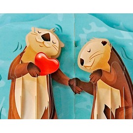 iGifts And Cards Otters in Love 3D Pop Up Greeting Card – Cute Romantic Card for Anniversary, Engagement, Couples, Animal Lovers – 6" x 8" – Floating Otters Holding Hands
