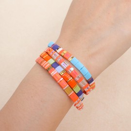 Tyebiva Tila Flat Beaded Bracelets Set for Women, 4Pcs Trendy Miyuki Glass Orange Colorful Stack Beads Stretch Bracelet Outfit Accessories Jewelry Gift.